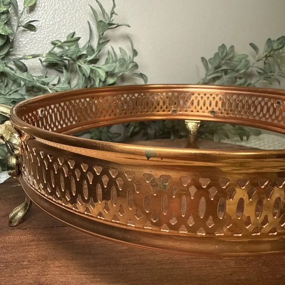 Copper Brass Gallery Bowl Holder Casserole Stand Footed Hollywood Regency Vtg